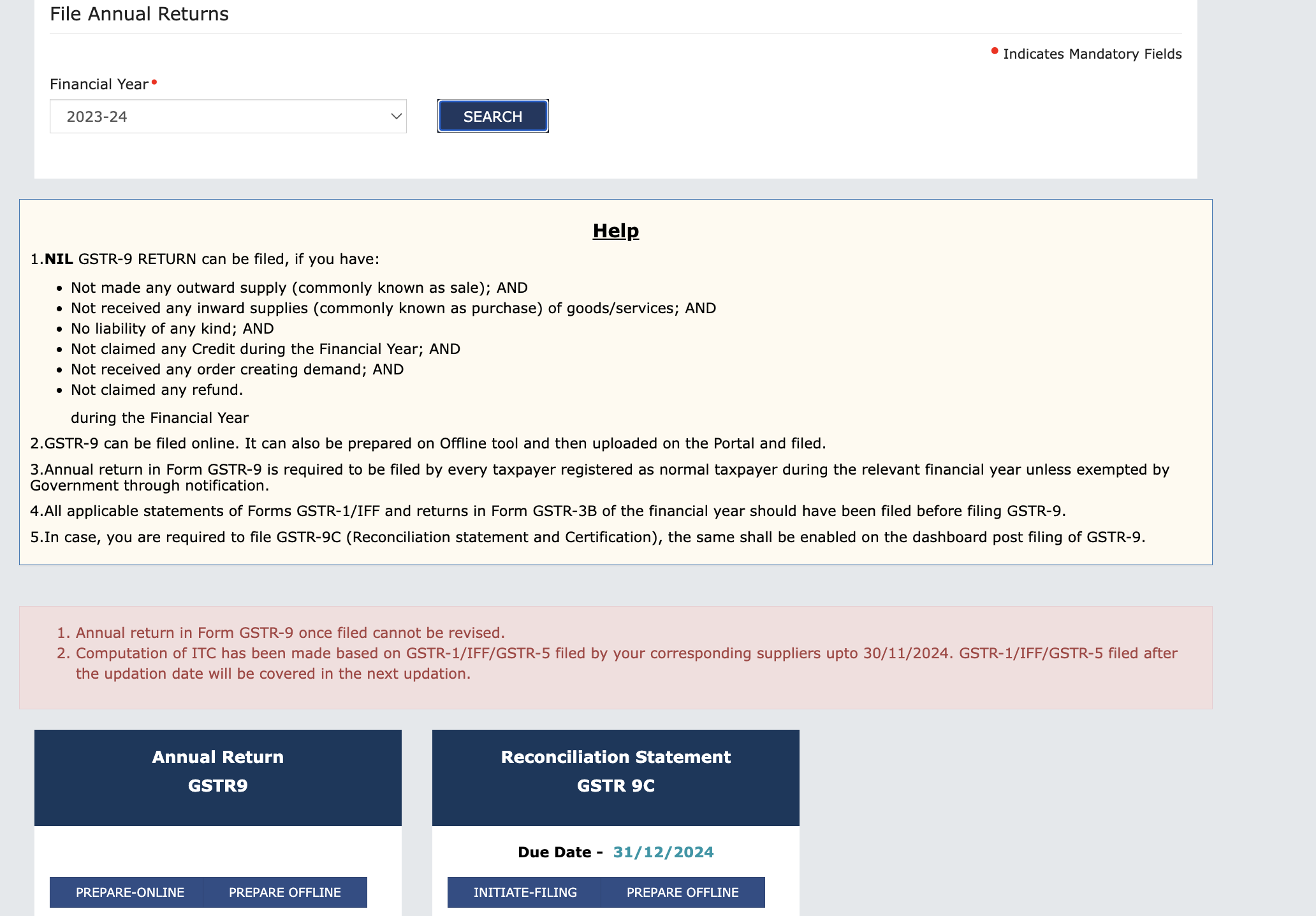 GSTR-9 form active on GST Portal for FY 2023-24  GSTR-9 Optional & Mandatory Tables for FY 2023-24